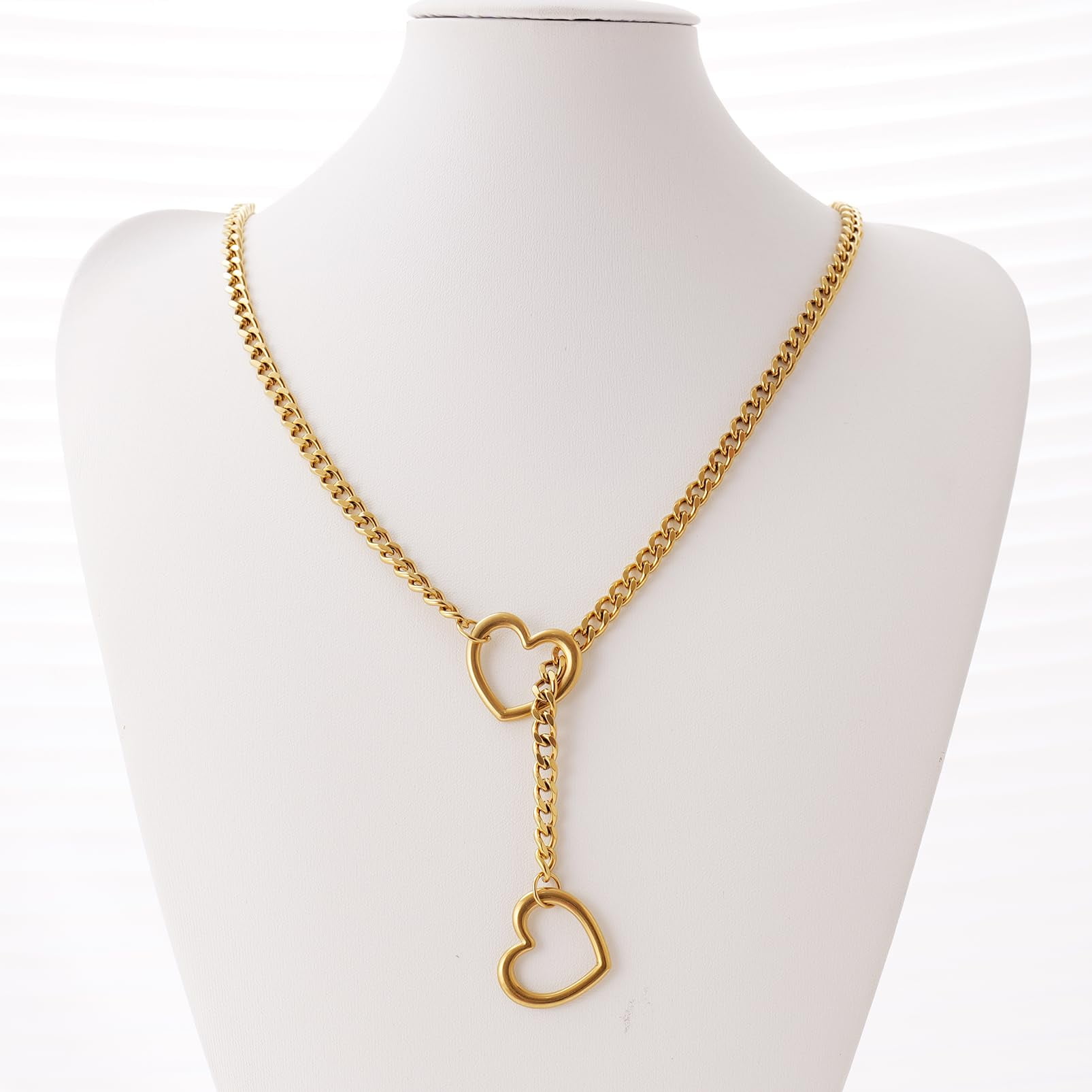 Collana Gotica Donna Uomo A Catena Cubana Con Anello E Cuore - Handmade Punk Regolabile Y-Necklace - 2