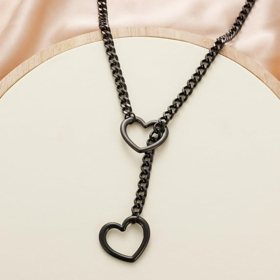 Heart Slip Chain Necklaces for Women, Stainless Steel O-Ring Adjustable Lariat Heart Y-Necklace, Punk Gothic Cuban Collar Necklace Jewelry for Men