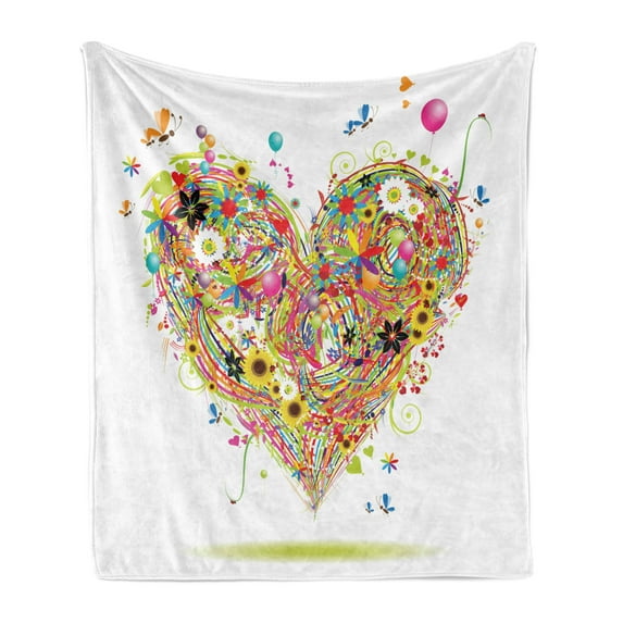 Heart Soft Flannel Fleece Blanket, Romantic Arrangement with Colorful Watercolor Style Love Valentines Day Theme, Cozy Plush for Indoor and Outdoor Use, 70" x 90", White Multicolor, by Ambesonne