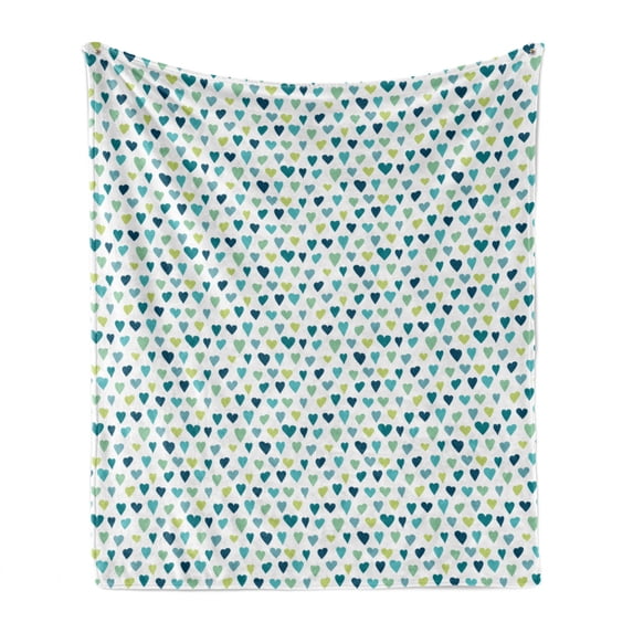 Heart Soft Flannel Fleece Throw Blanket, Repetitive Love Romance Multicolored Simplistic Doodle Style, Cozy Plush for Indoor and Outdoor Use, 70" x 90", Almond Green Turquoise, by Ambesonne
