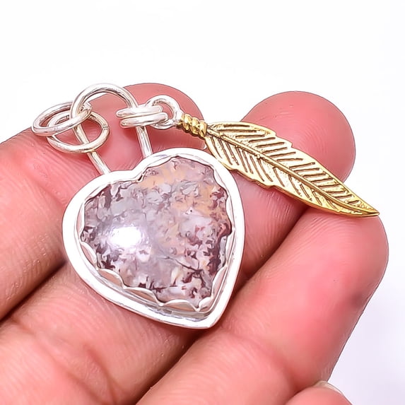 Heart -Sonoran Dendritic Jasper -Mexico 925 Sterling Silver Two Tone Designer Pendant 1.95", Sonoran Dendritic Jasper Pendant P_8053_329_32