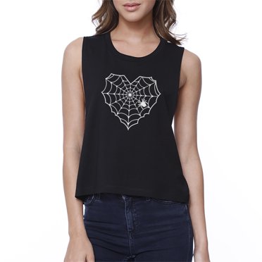 Heart Spider Web Halloween Crop Top Womens Black Graphic Tank Top