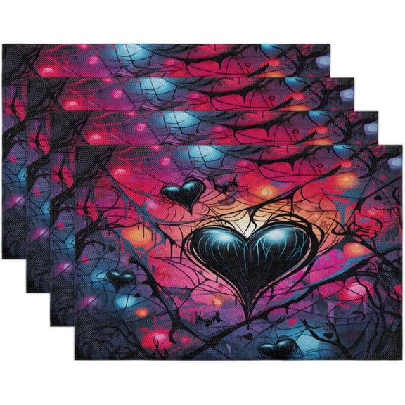 Heart Spiders Webs Placemats Set of 4 Linen Fabric Place Mats Heat Resistant Machine Washable Placemats Non-Slip Place Mat for Kitchen Dining Table