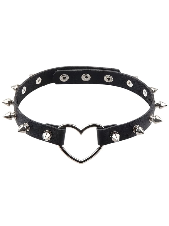 Heart Spiked Studded Rivets Choker Collar Love PU Leather Gothic Necklace for Women Punk Rock Alloy Hollow Cosplay Goth Jewelry