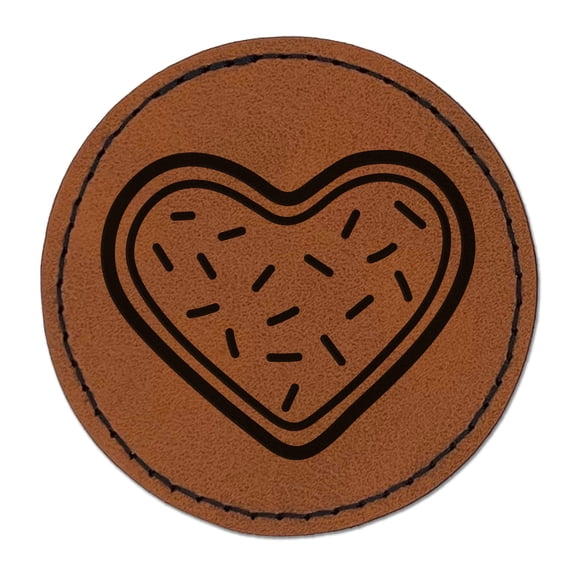 Heart Sprinkle Cookie 2.5" Faux Leather Round Engraved Iron-On Patch - Brown