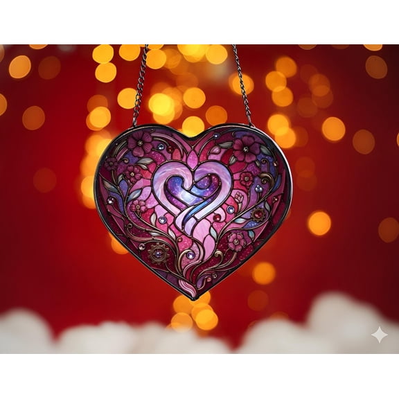 Heart Stained Glass Suncatcher, Romantic Window Hanging Decor, Love Glass Sun Catcher, Wedding Anniversary Gift for Her,Valentine Home Decor