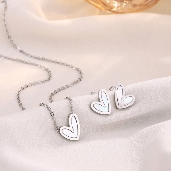 Heart Stainless Steel Natural Shell Pendant Necklaces Stud Earrings Sets Stainless Steel Color 400mm
