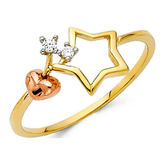 Heart Star Ring Solid 14k Rose Yellow Gold Love Band CZ Promise Of Love Stylish Two Tone Fancy, Size 6