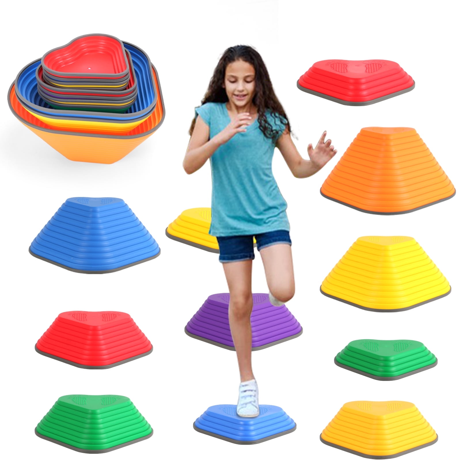 Balance Stepping Stones for Kids11pcs Heart Stepping Stones for Kids for Balance with Non-Slip Bottom Qutdoor or Indoor Play