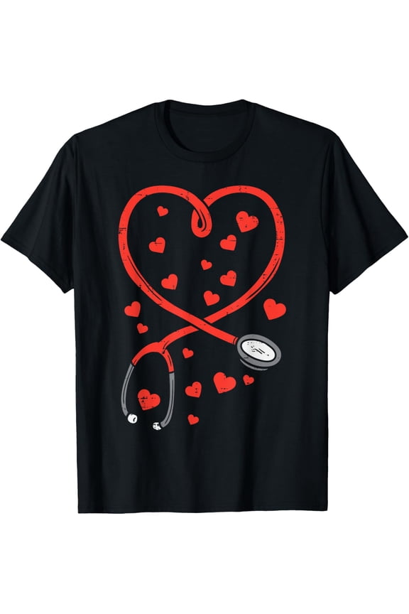 Heart Stethoscope Cute Nurse Valentines Day RN ICU ER Women T-Shirt Casual Short Sleeve Shirt