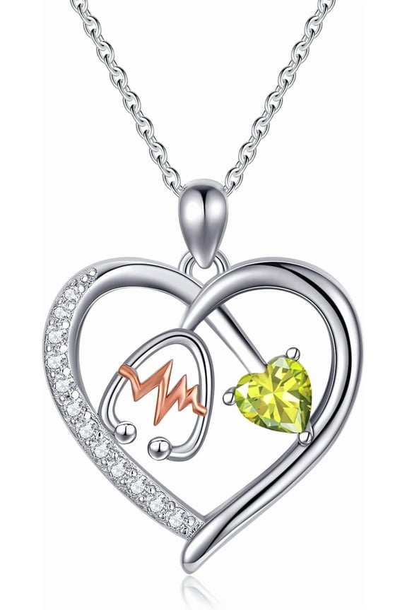 Heart Stethoscope Pendant Necklace for Women 925 Sterling Silver Gemstone Birthstone Doctor Nurse Day Medical Jewelry RN Registered Graduation Retirement Gifts