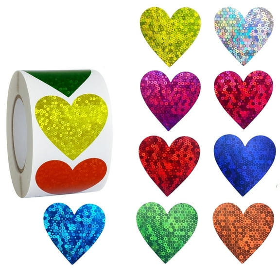 ALFEUND Heart Stickers - 500 pcs 1.5inch Valentines Day Heart Stickers Glitter Colored Heart-Shaped Sticker for Kid Reward Classroom Self-Adhesive Love Incentive Sticker for Birthday Wedding