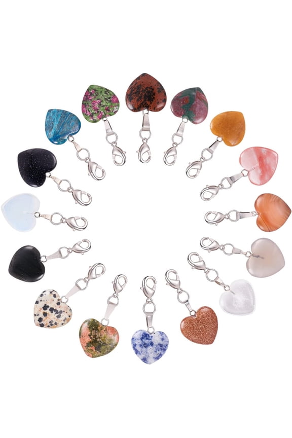 Heart Stone Charms 16pcs Love Heart Quartz Gemstone Chakra Stone Charm Pendants with Brass Lobster Claw Clasps for Valentine's Day Mother Wedding Necklace Jewelry Making