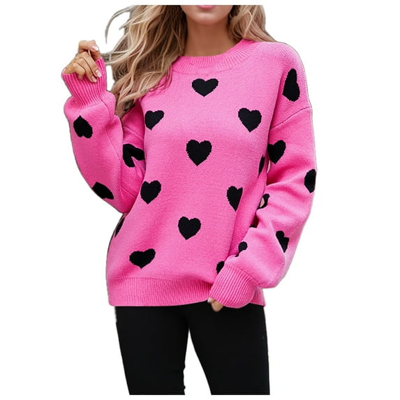Heart Stripe Patchwork Sweater for Women Fall Long Sleeve Crewneck Knitted Tops Fall