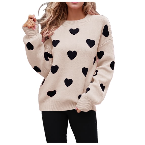 Heart Stripe Patchwork Sweater for Women Fall Long Sleeve Crewneck Knitted Tops Fall