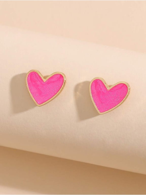 Heart Stud Earrings Pink Enamel With Goldtone Border