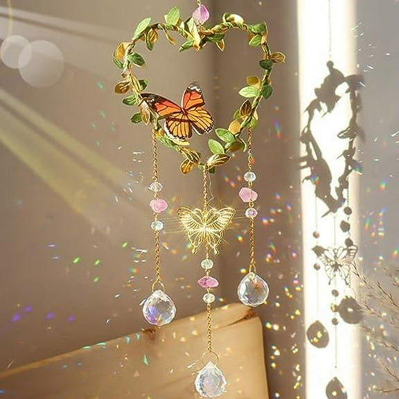 Heart Suncatchers Window Hanging, Colorful Crystal with Butterfly, Crystals Light Catcher Prisms Garden