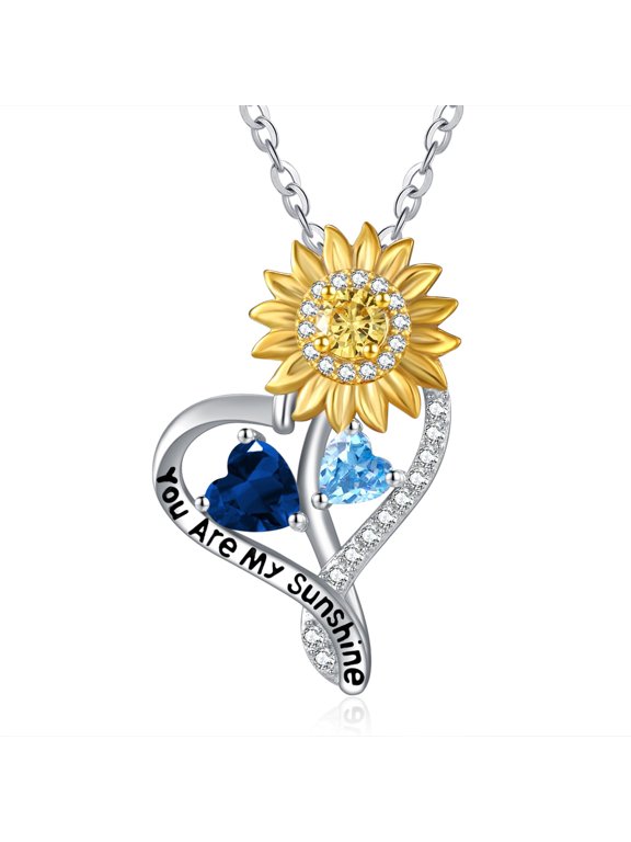 Heart Sunflower Necklaces for Women Sterling Silver You Are My Sunshine Necklace Sunflower Pendant Jewelry Sapphire Topaz September December Birthstone Necklace Birthday Gifts for Women