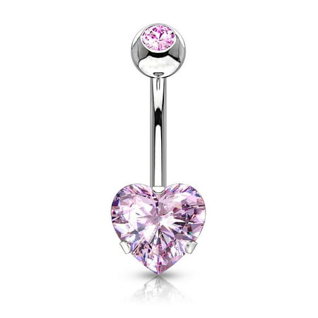 Heart Surgical Steel Prong Belly Button Ring Navel Naval Set Pink