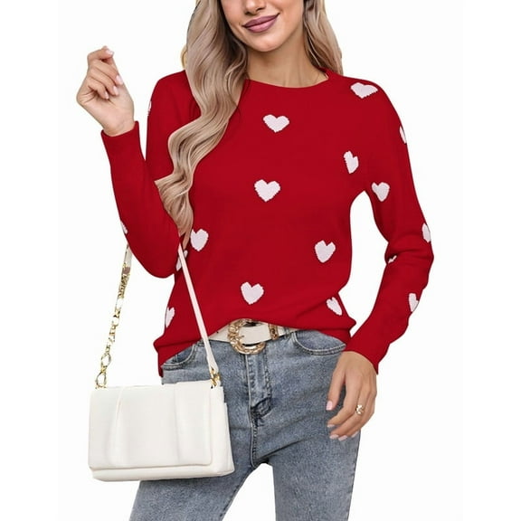 Heart Sweater for Women Valentine's Day Cute Heart Printed Lightweight Sweaters Casual Creneck Pullover Shermie