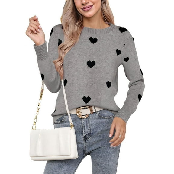 Heart Sweater for Women Valentine's Day Cute Heart Printed Lightweight Sweaters Casual Creneck Pullover Shermie