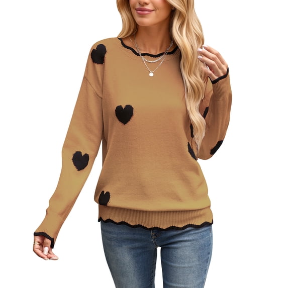 Fall Sweaters for Women 2026 Scalloped Crewneck Pullover Sweaters Lightweight Heart Knit Sweater Tops Shermie