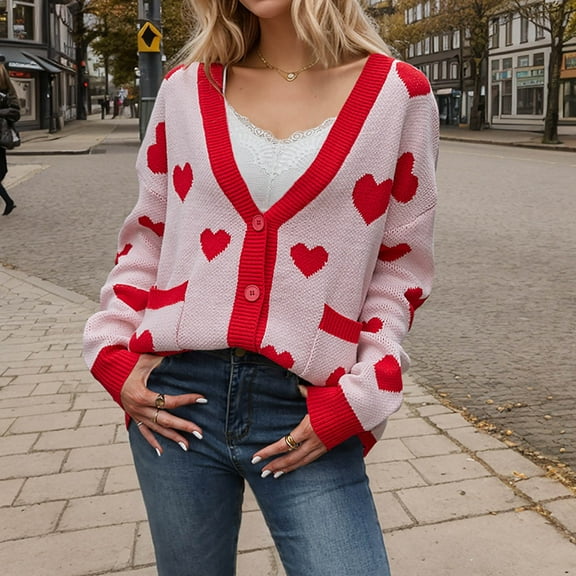 Heart Sweaters for Women In Red Long Sleeve Elegant Long Knitted Shirt Loose Sweater Cardigan Jacket Sweater Jacket