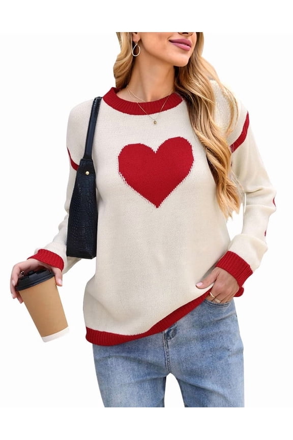 Heart Sweaters for Women Knit Warm Pullover Sweater Cute Heart Printed Valentine's Day Pink Sweater Shermie