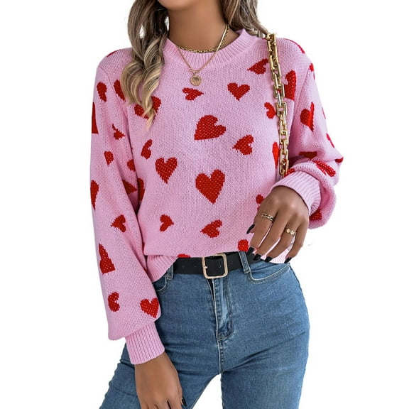 Heart Sweaters for Women Valentine's Day Casual Loose Lightweight Crewneck Sweater Lantern Sleeve Pullover Tops Shermie