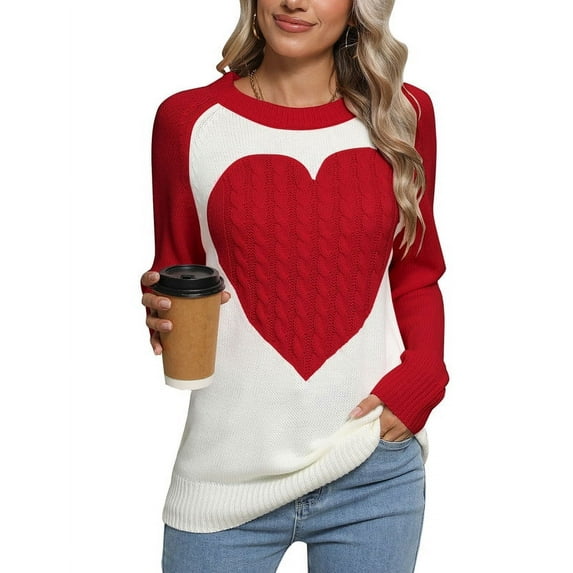 Heart Sweaters for Women Valentine's Day Color Block Splicing Casual Loose Cute Pullover Sweater Shermie
