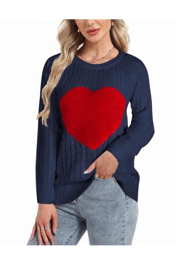 Heart Sweaters for Women Valentine's Day Fleece Heart Patch Cable Knit Pullover Sweater Shermie