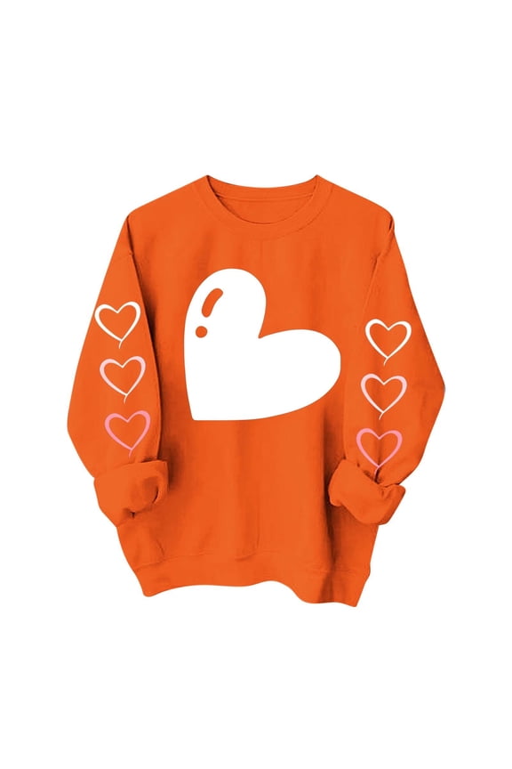Heart Sweatshirt Womens Long Sleeve Pullover Shirt Crewneck Trendy Cute Tops Holiday Valentines Day Outfits, M Orange