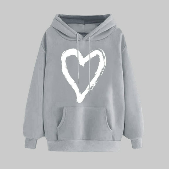 Heart Sweatshirts For Women Valentine's Day Hoodie Casual Long Sleeve Love Heart Printed Graphic Pullover Sweatshirts Tops Gray S