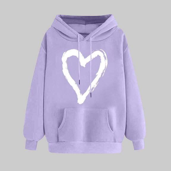 Heart Sweatshirts For Women Valentine's Day Hoodie Casual Long Sleeve Love Heart Printed Graphic Pullover Sweatshirts Tops Purple XL