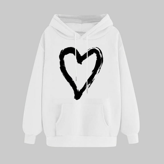 Heart Sweatshirts For Women Valentine's Day Hoodie Casual Long Sleeve Love Heart Printed Graphic Pullover Sweatshirts Tops White XL