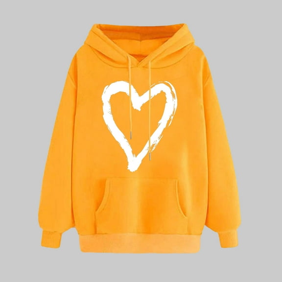 Heart Sweatshirts For Women Valentine's Day Hoodie Casual Long Sleeve Love Heart Printed Graphic Pullover Sweatshirts Tops Yellow L