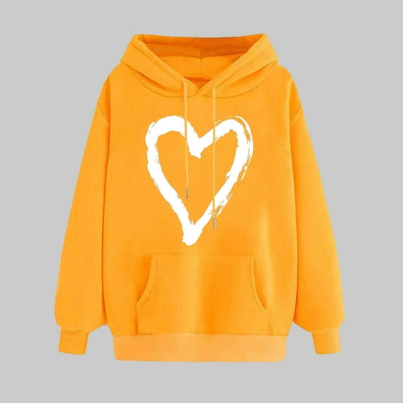 Heart Sweatshirts For Women Valentine's Day Hoodie Casual Long Sleeve Love Heart Printed Graphic Pullover Sweatshirts Tops Yellow XXL