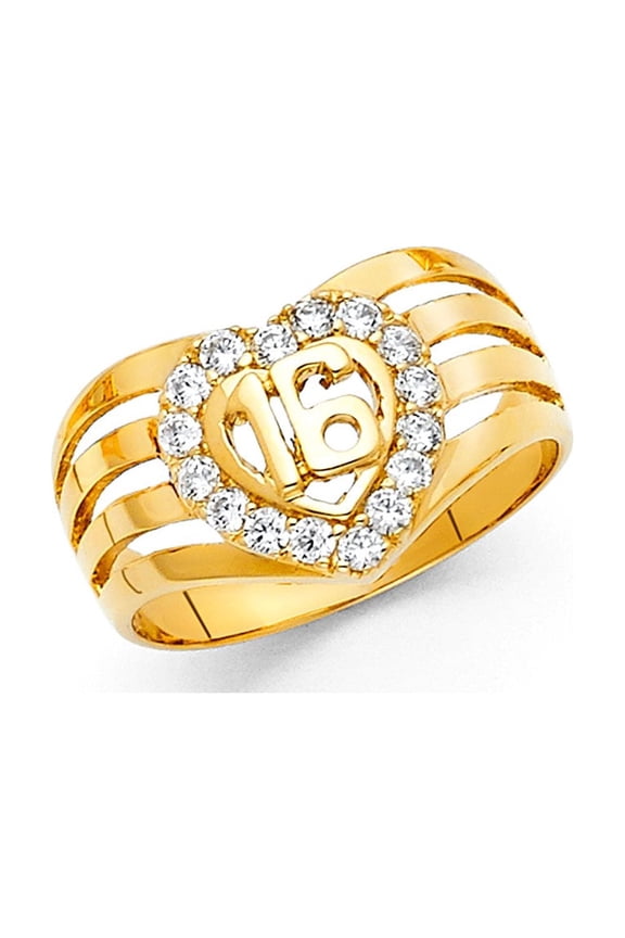 Heart Sweet 16 Birthday Ring Solid 14k Yellow Gold Band Stackable Look CZ Curve Polished Fancy, Size 9