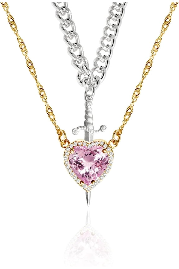 Heart and Sword Couples Necklace Gold Stainless Steel Pink Heart Zirconia Chain Trendy Matching Sword Through Heart Necklace Set Romantic Necklaces for friend Couple