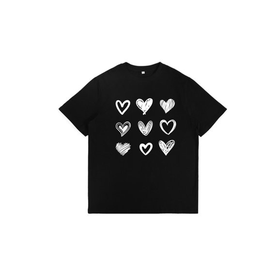 Heart T-Shirt, Women's Graphic Tees,Casual Tops, Simple style,Short Sleeve Round Neck Shirt,Classic,cotton,black,S-5XL