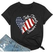 PRINI Heart T-shirt Patriotic Shirts for Women Cross American Flag Shirt USA Faith Family Freedom Graphic Tee USA Star Stripes Black Tops