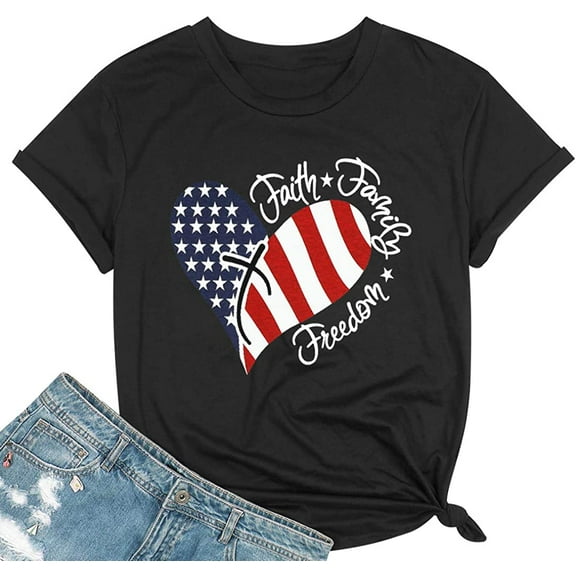 Heart T-shirt Patriotic Shirts for Women Cross American Flag Shirt USA Faith Family Freedom Graphic Tee USA Star Stripes Black Tops