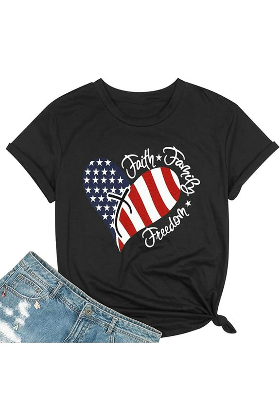 Heart T-shirt Patriotic Shirts for Women Cross American Flag Shirt USA Faith Family Freedom Graphic Tee USA Star Stripes Black Tops