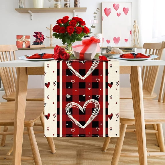Heart Table Runner - Flax Linen, 4 Sizes (35 to 90 Inches), for Valentine‘s Day, Wedding & Dining Table Decor Red