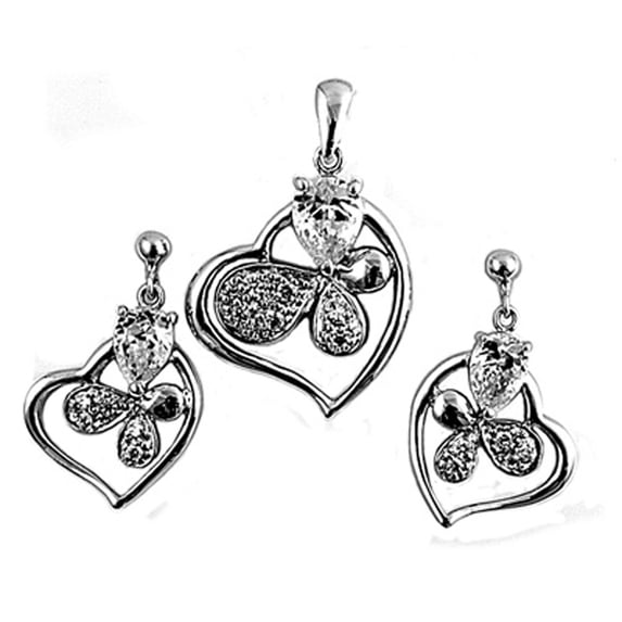 Heart Teardrop Earrings Clear Cubic Zirconia .925 Sterling Silver Pendant Set Jewelry Female Unisex