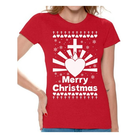 Heart Tee for Women Love Print Merry Christmas Shirt for Women Happy Holidays Women Shirt Christian Shirt for Her Merry Xmas Ladies T-Shirt Religion Christmas Tshirt Christian Cross Top Xmas Gifts