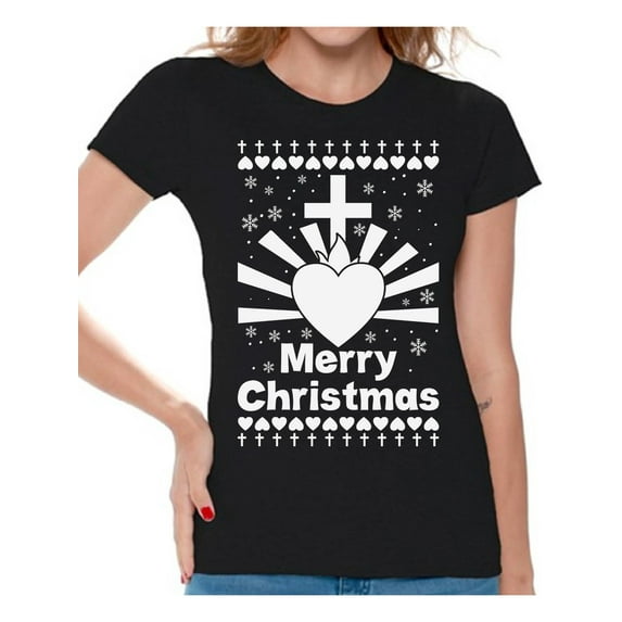 Heart Tee for Women Love Print Merry Christmas Shirt for Women Happy Holidays Women Shirt Christian Shirt for Her Merry Xmas Ladies T-Shirt Religion Christmas Tshirt Christian Cross Top Xmas Gifts