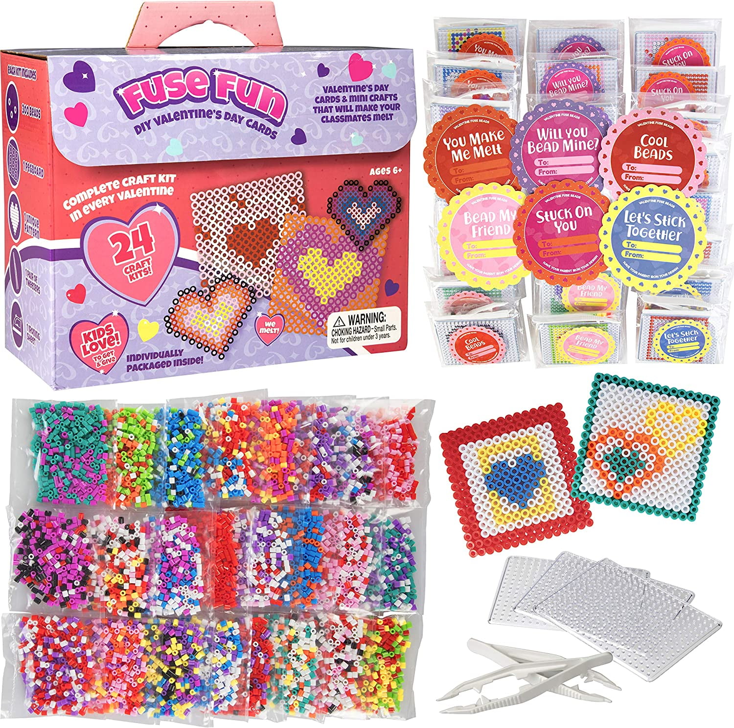 Heart Themed Fuse Bead Kits (24ct)- Perfect Goodie Bag Party Favors for Kids - Each Includes Pixel Art Craft Activity w Perler Beads- Card Decor