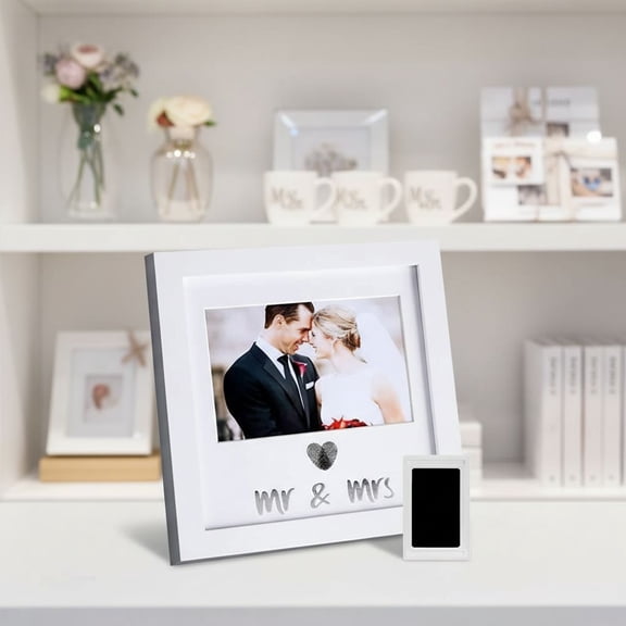 Heart Thumbprint Keepsake Frame and Ink Kit,Wedding Picture Frame Wedding Registry Idea Shower Gift For Bride Newlywed (White Frame, Silver text)