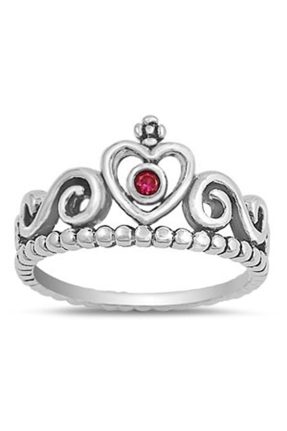 Heart Tiara Crown Simulated Ruby Ring .925 Sterling Silver Band Red CZ Jewelry Female Size 7